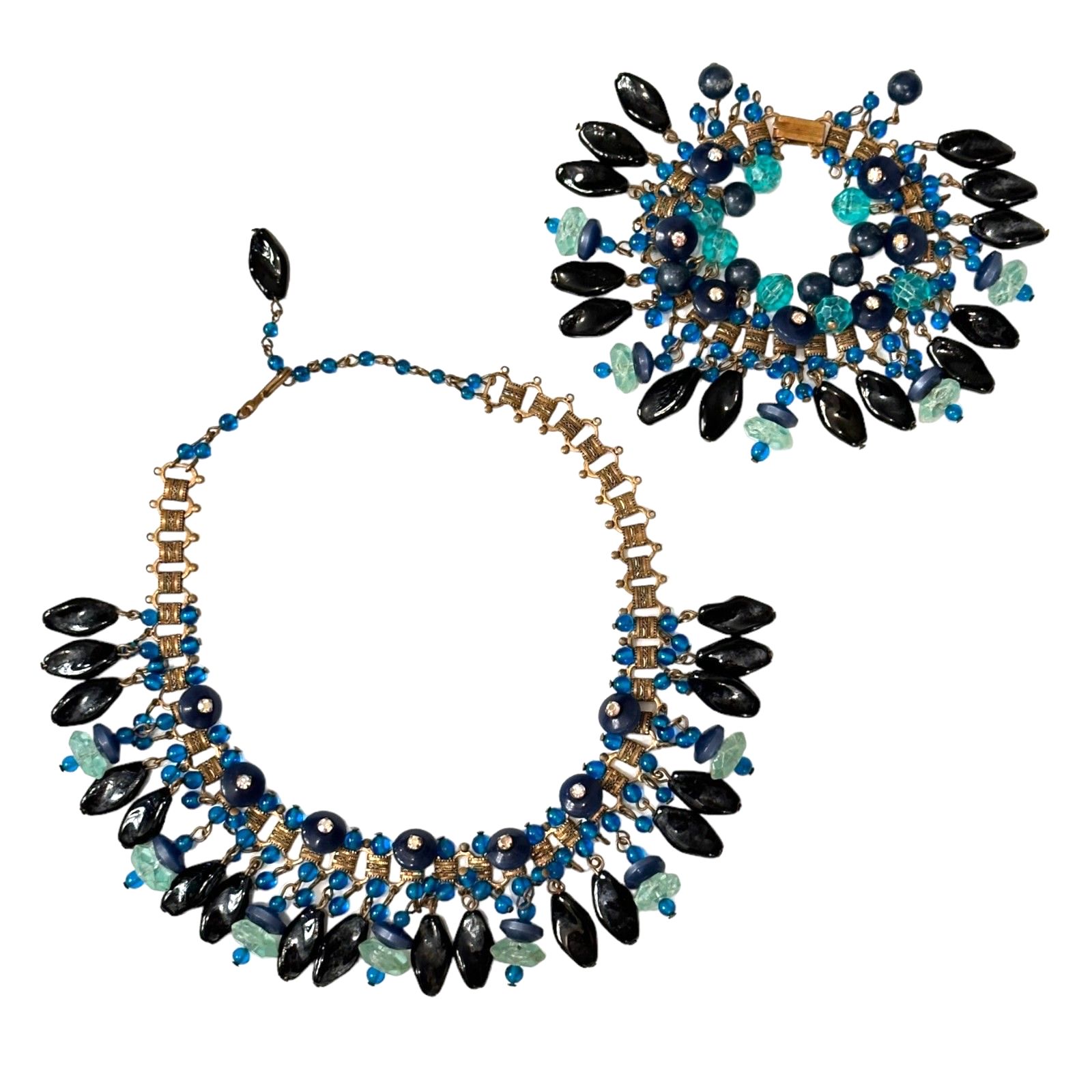 Vintage Art Deco Beaded Crystal Fringe Choker And Bracelet Set
